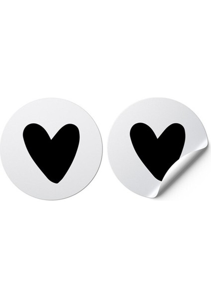 Sticker Kuşe (3X3CM) 60 Adet Yuvarlak Kesim -Siyah Kalp-
