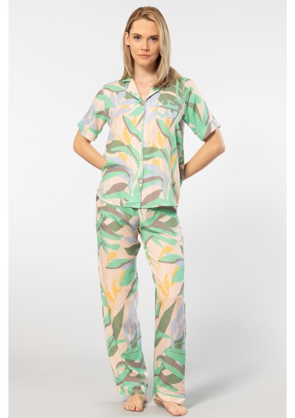Kadın Desenli Kısa Kol Dokuma Pijama Takım 3604/YEŞIL