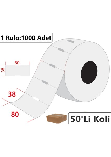 80X38 mm Karton Termal Raf Reyon Etiketi 1000'li Sarım 50'li Koli