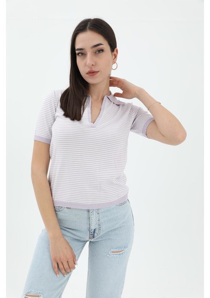Ince Çizgili Polo Yaka Triko Kazak - Lila