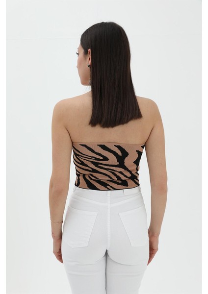 Zebra Desen Triko Crop - Camel