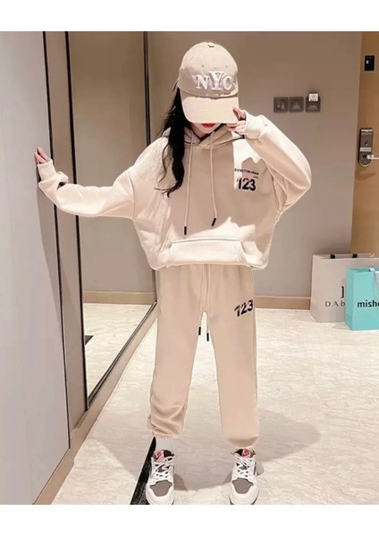 Özel Tasarım Kapüşonlu 1-2-3 Baskılı Şardonlu Tam Kışlık Oversize Kız Çocuk Eşofman Takımı
