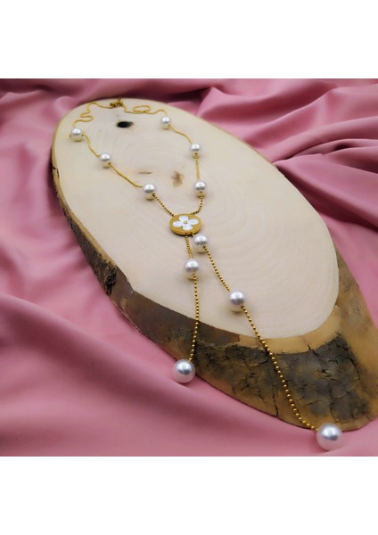 Incili Yonca Kolye | Paslanmaz Çelik | Gold Renk | 65 cm