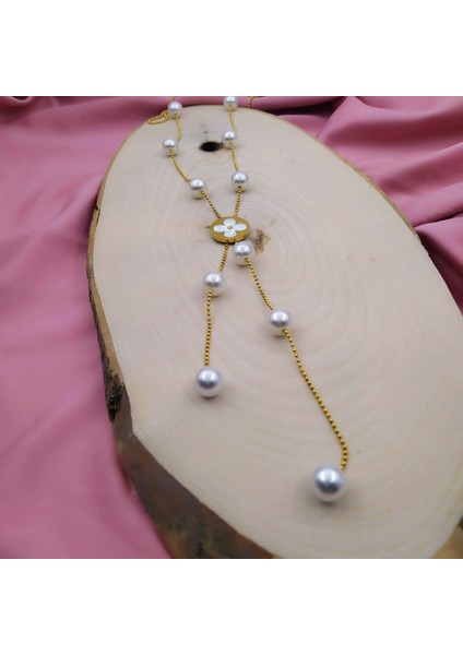 Incili Yonca Kolye | Paslanmaz Çelik | Gold Renk | 65 cm
