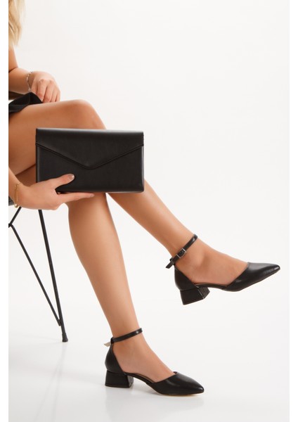 Kadın Karnıyarık Kısa Topuklu Ayakkabı Ve Çanta Takımı Siyah