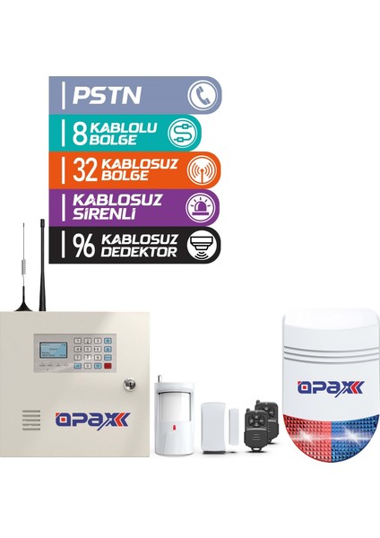 Opax 2545+BGR-09+ Akü Pstn Panel & Bgr-09 Kablosuz Sirenli Akü Dahil Full Alarm Seti