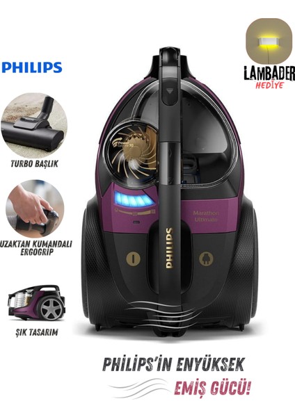 Marathon Seri Süperturbo Fırçalı Premium Toz Torbasız Süpürge, Hepa Alerjik Filtreli, Onerous Lambader Hediye