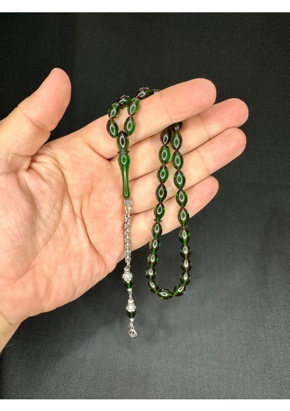 Ateş Kehribar Tesbih Arpa Kesim Yeşil Renk 6,5mm x 10,5mm T-538 fiyatları