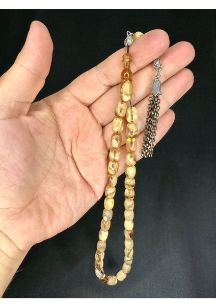 Sıkma Kehribar Tesbih Kapsül Kesim Krem Renk 11MM x 7mm T-543