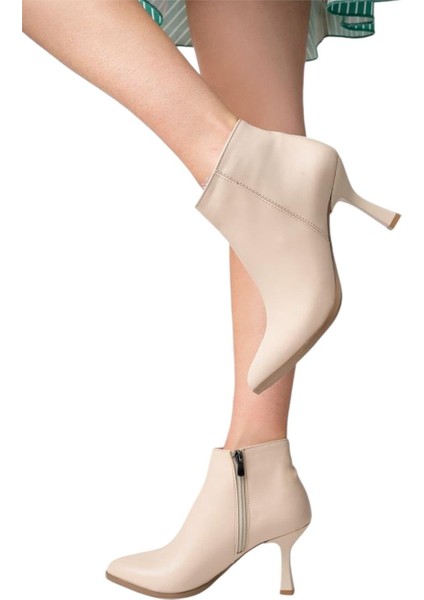 Topuklu Fermuarlı Kadın Bot (8 Cm) Bej fiyatları