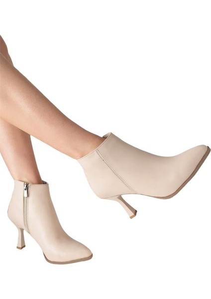Topuklu Fermuarlı Kadın Bot (8 Cm) Bej modelleri