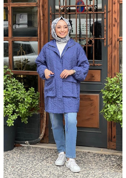 İNVEE 6913S Oversıze Kadın Kapitone Mont Saks Mavi