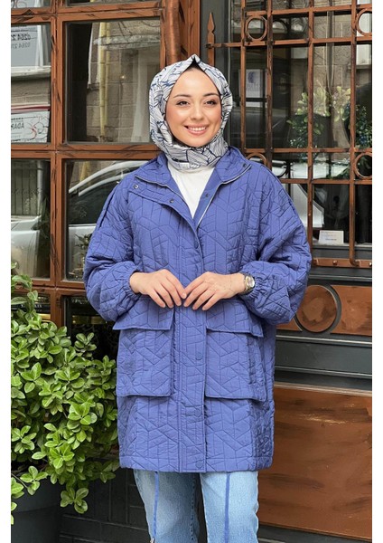 İNVEE 6913S Oversıze Kadın Kapitone Mont Saks Mavi modelleri