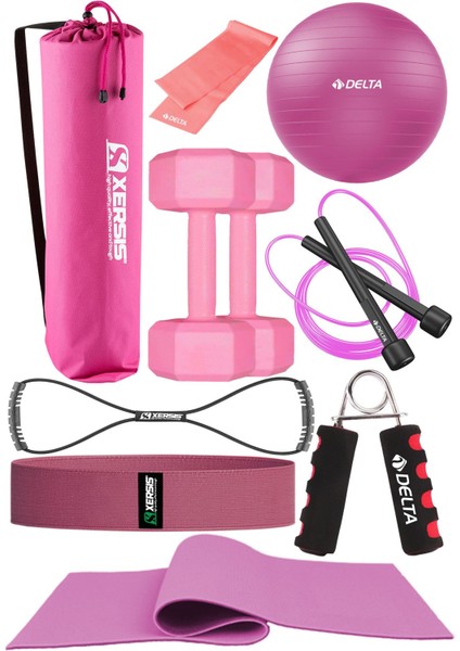 Pembe 9 Parçalı Pilates ve Fitness Seti – Pilates Minderi, Dambıl, Squat Band ve Daha Fazlası!