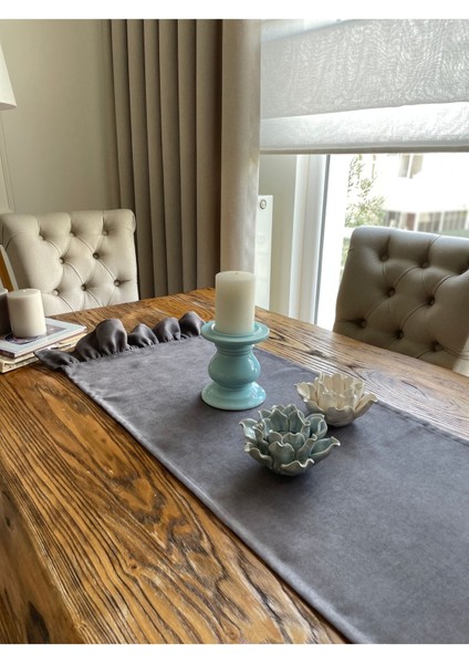 Vintage Fırfırlı Antrasit Füme Gri Sehpa Runner