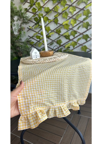 Thin Keten Kumaş Sarı Mini Pötikateli Keten Runner fiyatları