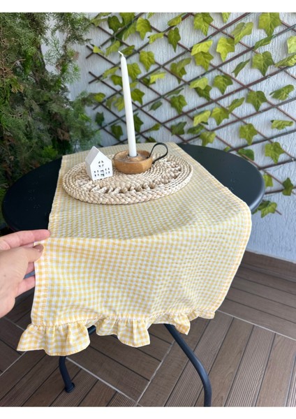 Thin Keten Kumaş Sarı Mini Pötikateli Keten Runner fırsatları