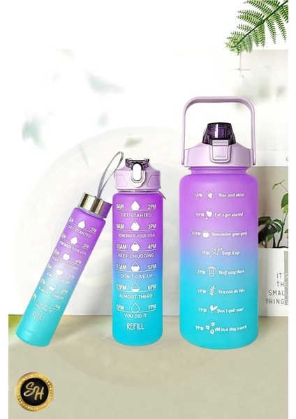 Mor 3 Lü Motivasyon Su Matarası Su Şişesi Suluk 2 Lt 900ML Yavrulu Spor Salonu Su Şişesi Sticker He
