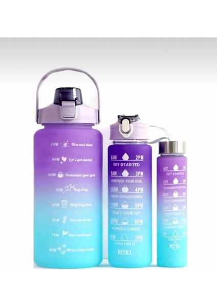 Mor 3 Lü Motivasyon Su Matarası Su Şişesi Suluk 2 Lt 900ML Yavrulu Spor Salonu Su Şişesi Sticker He