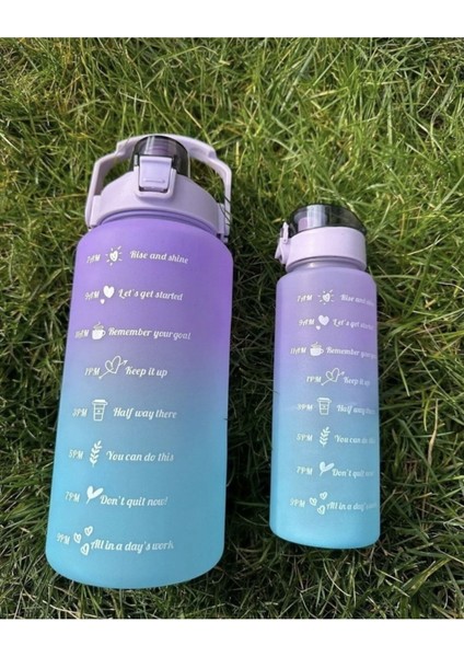 Mor 3 Lü Motivasyon Su Matarası Su Şişesi Suluk 2 Lt 900ML Yavrulu Spor Salonu Su Şişesi Sticker He