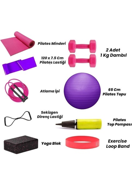 Tekno Trust Pembe Pilates Minderi Lastiği Ip Sekizgen Lastik Loop Band Yoga Blok 65 cm Top Pompa ve 1 kg Dambıl