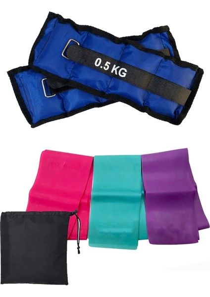 3'lü Pilates Bandı ve Bilek Ağırlığı Seti, Renkli, Hafif ve Orta Sertlik