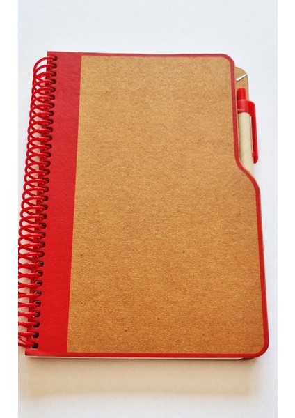Kraft Sert Kapak 13X21CM Spiralli Kalemli Çizgili A5 Not Defteri - Kenar Renk Seçenekli 1 Adet