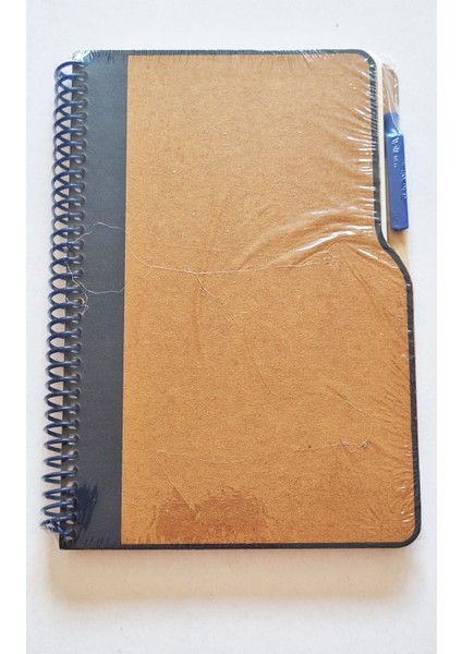 Kraft Sert Kapak 13X21CM Spiralli Kalemli Çizgili A5 Not Defteri - Kenar Renk Seçenekli 1 Adet
