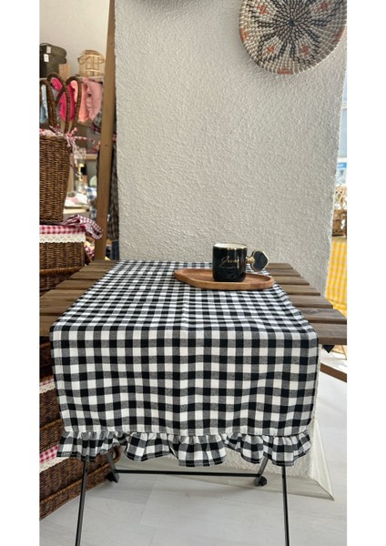 Fırfırlı Runner Vintage Fırfırlı Pötikareli Keten Siyah Runner