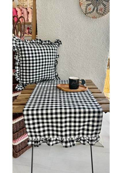 Fırfırlı Runner Vintage Fırfırlı Pötikareli Keten Siyah Runner