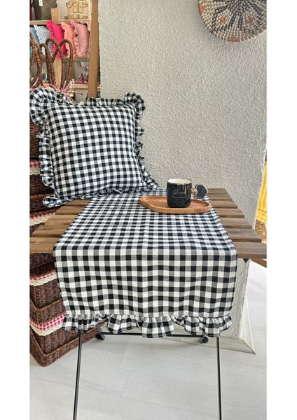 Fırfırlı Runner Vintage Fırfırlı Pötikareli Keten Siyah Runner