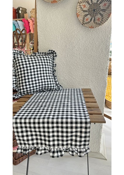 Fırfırlı Runner Vintage Fırfırlı Pötikareli Keten Siyah Runner