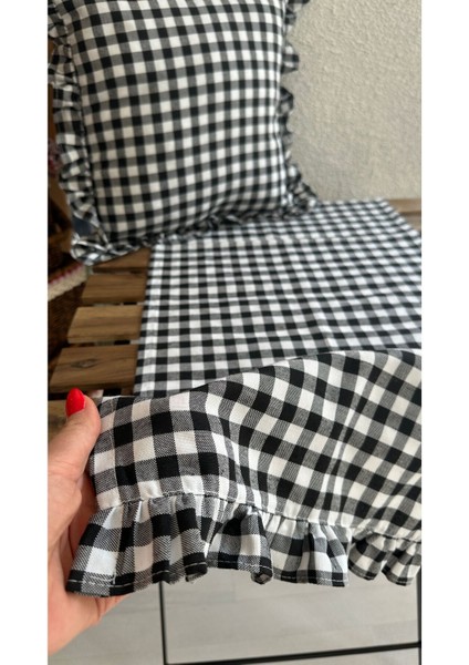 Fırfırlı Runner Vintage Fırfırlı Pötikareli Keten Siyah Runner