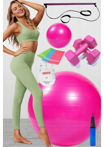Tekno Trust Pembe 10 Lu Pilates Topu Seti Takımı 3 Lü Pilates Bandı Lastiği 1 kg Dambıl, Portable Studio Plates