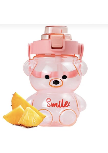 Plastik Smile Ayıcık Model Su Matarası Su Şişesi Suluk 1000ML Bpa Içermez Suluk Ayi Sirin 1 L Pembe