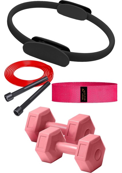 Renkli Pilates Çemberi, 2'li Dambıl Seti, Atlama İpi ve Squat Bandı - Pembe