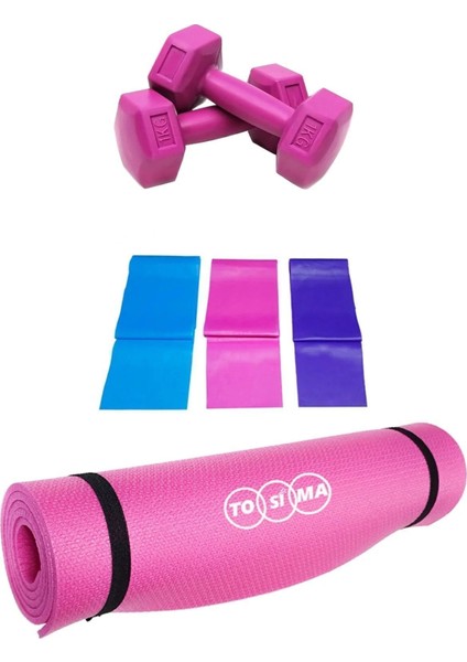 Tekno Trust Pembe 6 Parça Pilates Seti Pilates Matı 1 kg Dambıl Pilates Direnç Lastiği Pilates Minderi Set