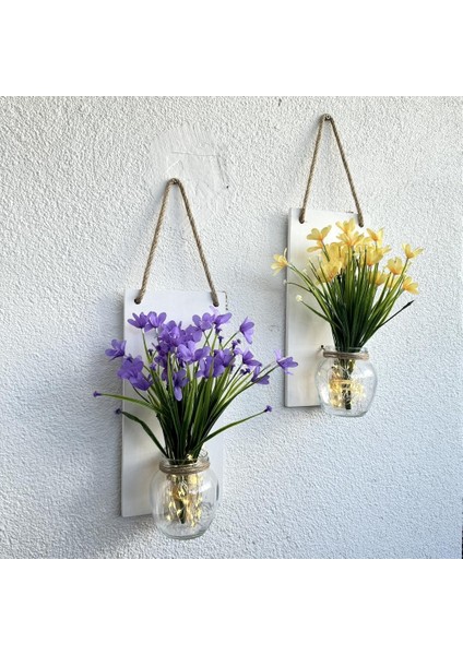 LED Işıklı, Sarı ve Lila Nergis Çiçekli Duvar Dekoru Beyaz Ikili Set