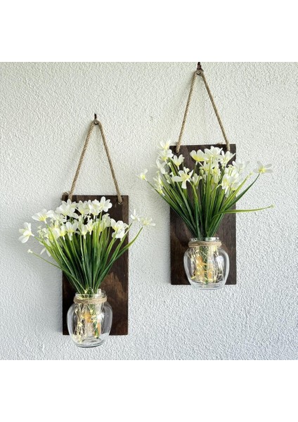 LED Işıklı, Beyaz Nergis Çiçekli Duvar Dekoru Ceviz Ikili Set