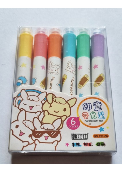 6'lı Mühür Baskı Kapaklı Fluorescent Stamp Pastel Fosforlu Kalem