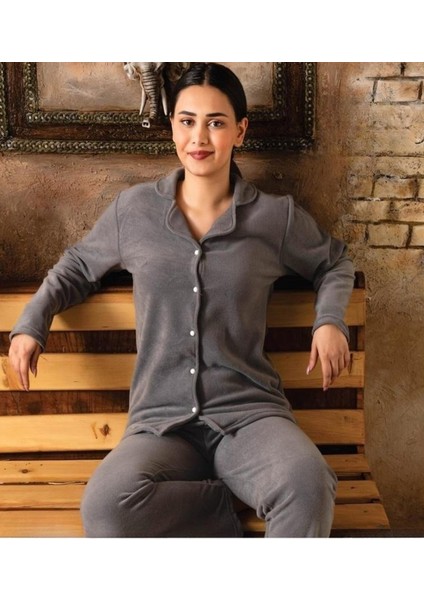 Kadın Gömlek Yaka Polar Pijama Takımı M922 - 1 Adet