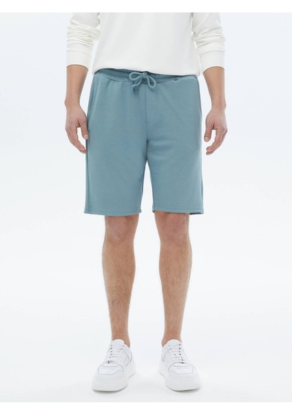 Mavi Düz Örme Jogging Fit Casual Bermuda