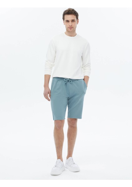 Mavi Düz Örme Jogging Fit Casual Bermuda