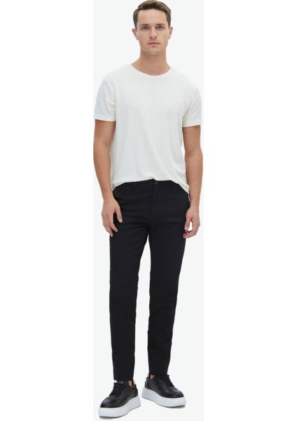 Siyah Dokuma Regular Fit Casual Pamuk Karışımlı Pantolon
