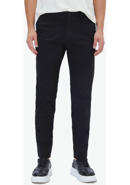 Siyah Dokuma Regular Fit Casual Pamuk Karışımlı Pantolon
