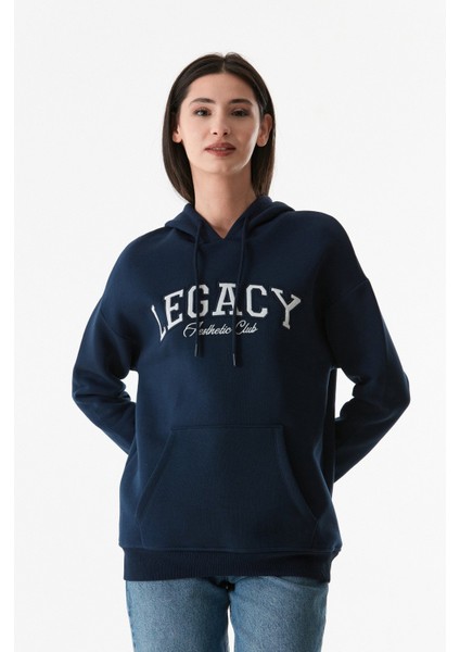 Yazı Baskılı Kanguru Cepli Kapüşonlu Sweatshirt