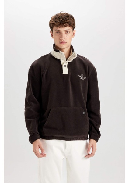 Boxy Fit Çıtçıt Kapamalı Dik Yaka Nakışlı Polar Sweatshirt D2029AX24WN modelleri