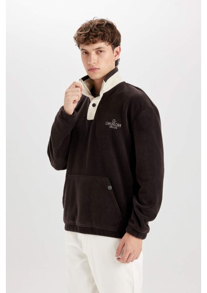 Boxy Fit Çıtçıt Kapamalı Dik Yaka Nakışlı Polar Sweatshirt D2029AX24WN fırsatları