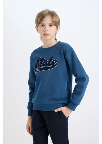 Erkek Çocuk Lacivert Bisiklet Yaka Nakışlı Kalın Sweatshirt D3053A824WN