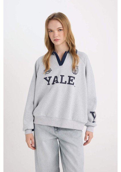 Yale University Oversize Geniş Kalıp Polo Yaka Baskılı Kalın Sweatshirt D7001AX24WN